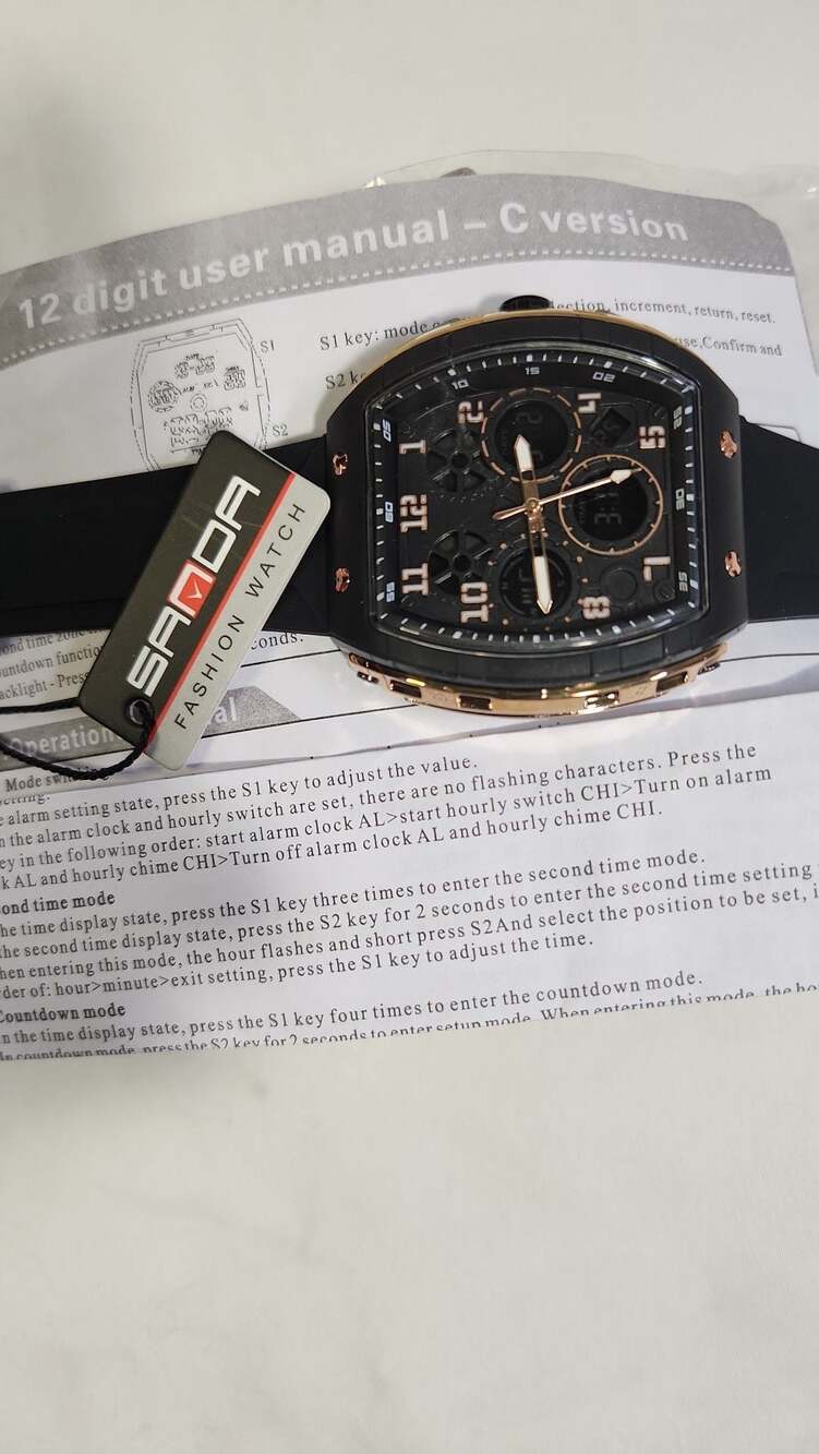 SANDA 6157 Men's Tonneau Dual Display Sport Watch Rose Gold and Black